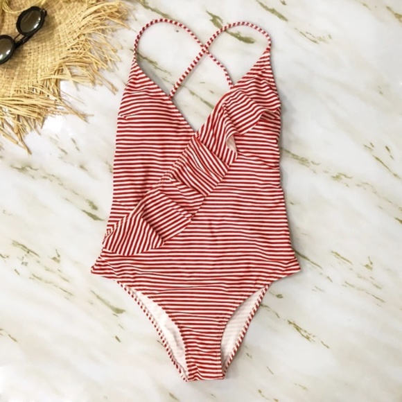 CLEARANCE Red & White Striped Ruffle One Piece Swimsuit - Picture 2 of 3